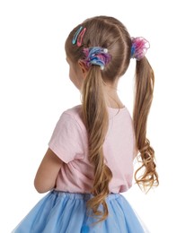 Photo of Cute little girl wearing beautiful hair accessories on white background, back view