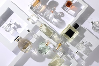 Photo of Different luxury perfumes on white background, flat lay