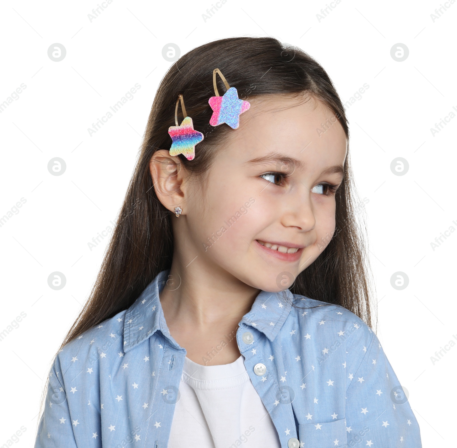 Photo of Happy little girl wearing beautiful hair accessories on white background