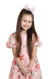 Happy little girl wearing beautiful hair accessory on white background