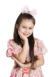 Photo of Happy little girl wearing beautiful hair accessory on white background