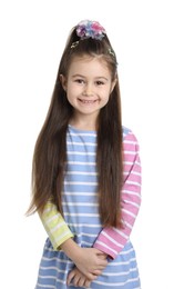 Photo of Happy little girl wearing beautiful hair accessories on white background