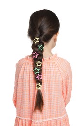 Little girl wearing beautiful hair accessories on white background, back view