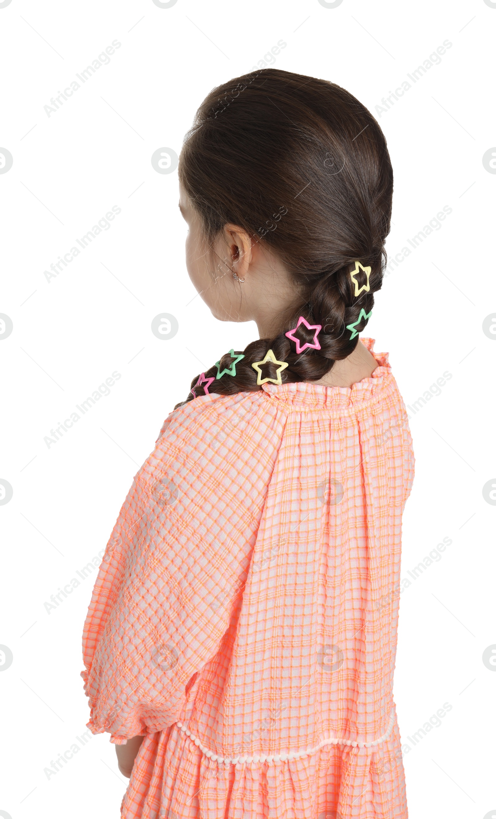 Photo of Little girl wearing beautiful hair accessories on white background