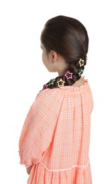 Little girl wearing beautiful hair accessories on white background