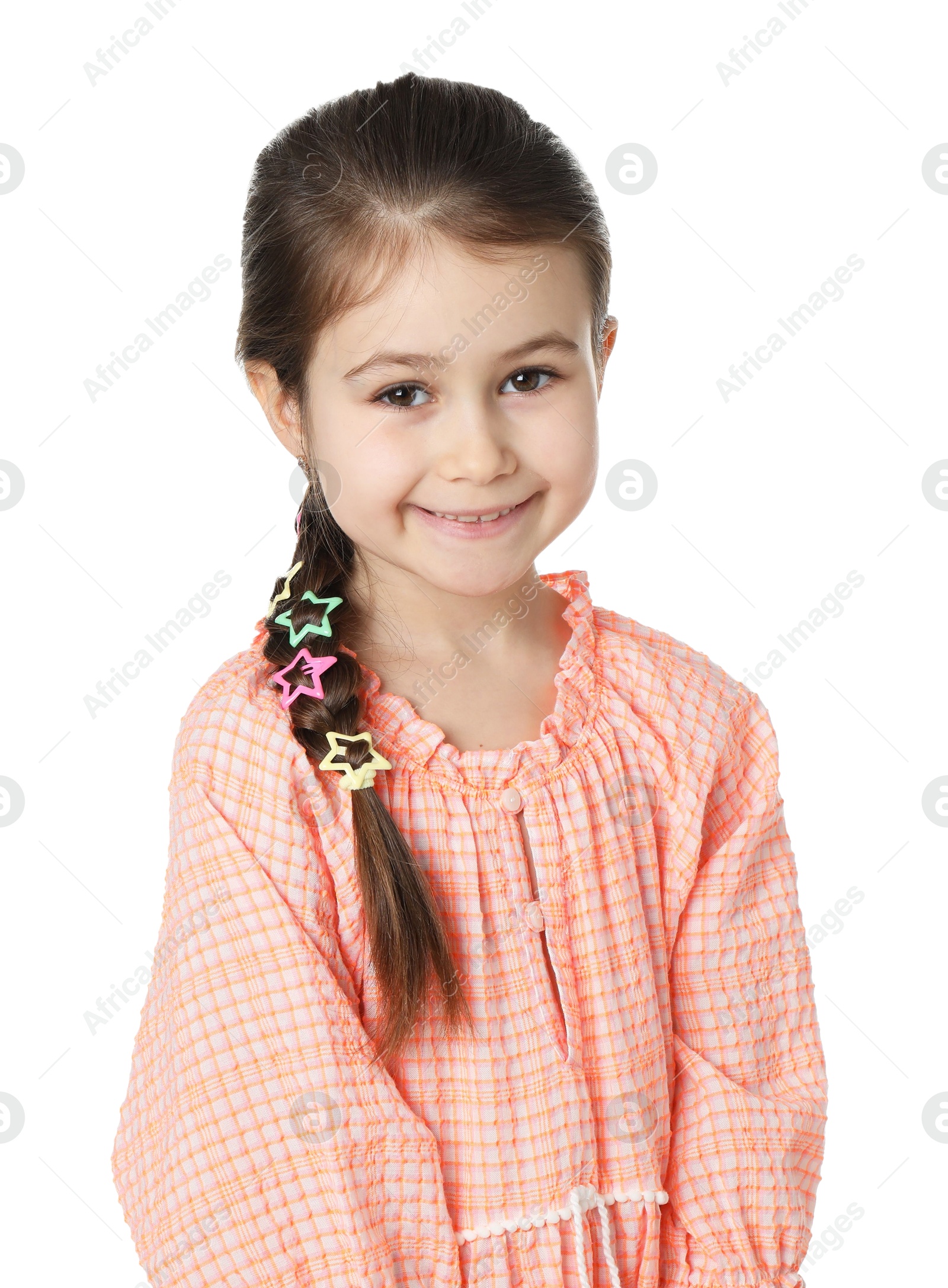 Photo of Happy little girl wearing beautiful hair accessories on white background