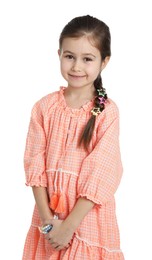 Happy little girl wearing beautiful hair accessories on white background