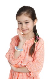 Happy little girl wearing beautiful hair accessories on white background