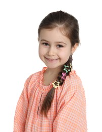 Photo of Happy little girl wearing beautiful hair accessories on white background