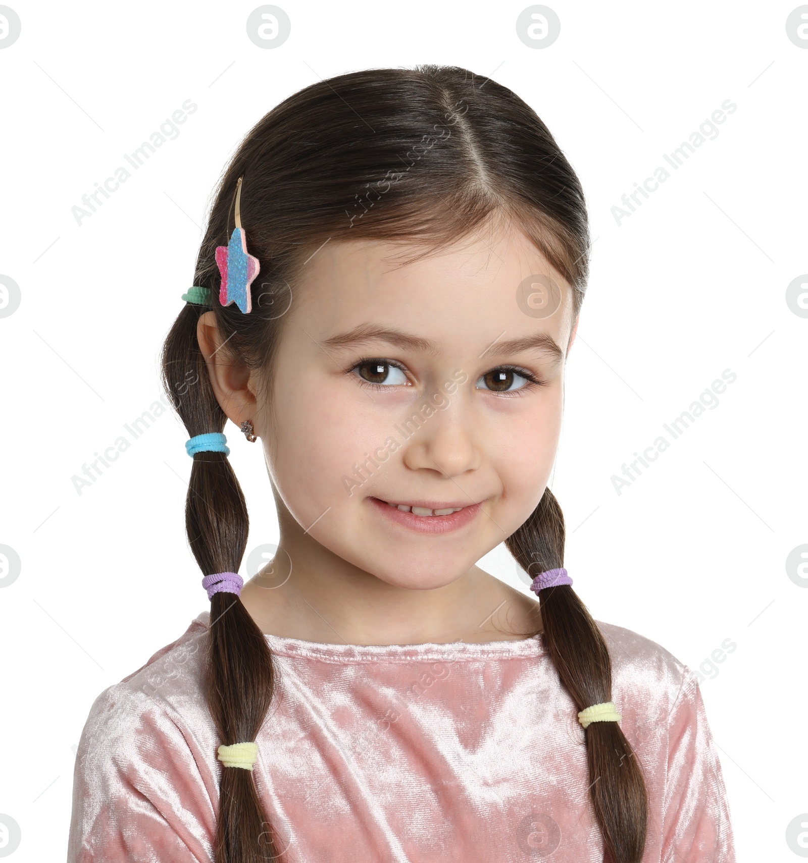 Photo of Little girl wearing beautiful hair accessories on white background