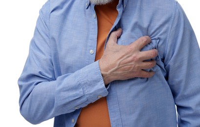 Heart attack. Senior man suffering from pain in chest on white background, closeup