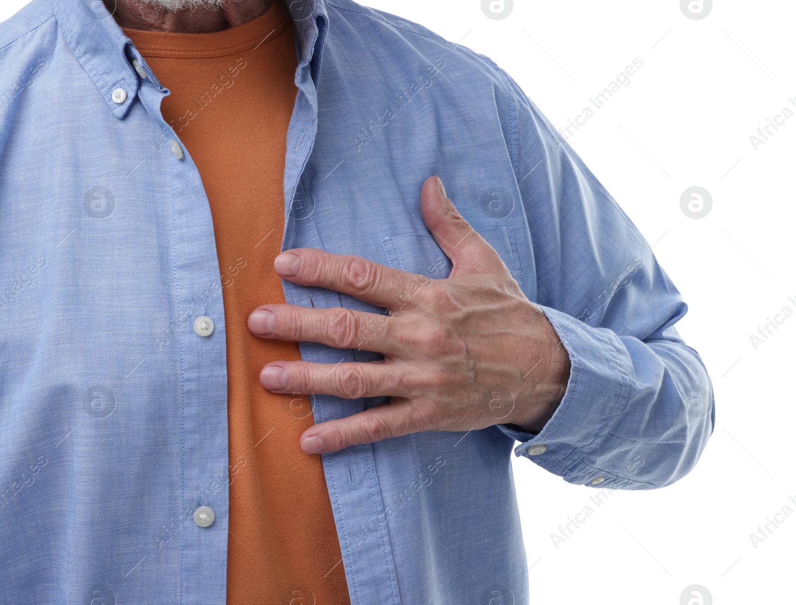 Photo of Heart attack. Senior man suffering from pain in chest on white background, closeup