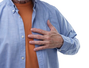 Heart attack. Senior man suffering from pain in chest on white background, closeup