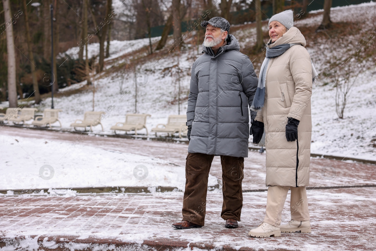 Photo of Happy senior couple walking in winter park. Space for text