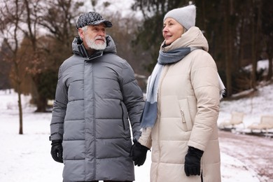 Photo of Happy senior couple walking at winter park