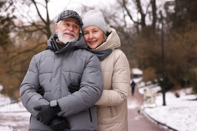 Photo of Happy senior couple at winter park. Space for text