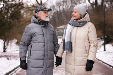 Photo of Happy senior couple holding hands in winter park