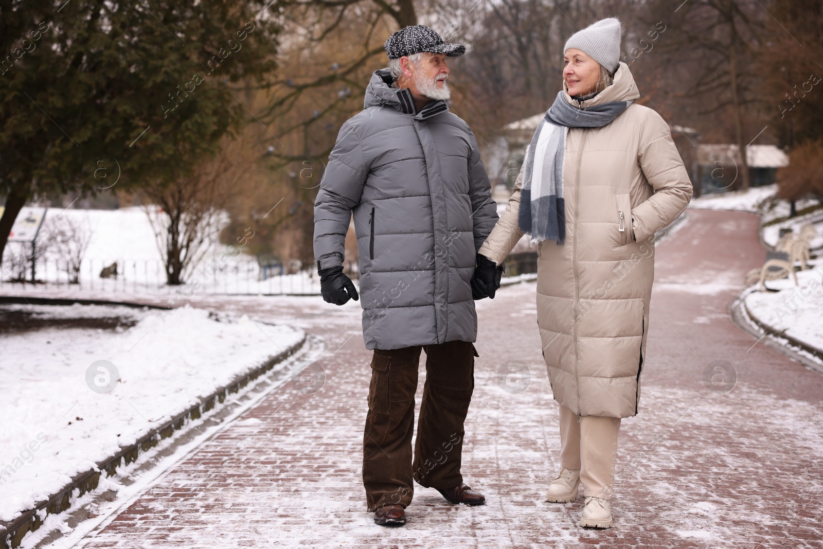 Photo of Happy senior couple holding hands at winter park. Space for text