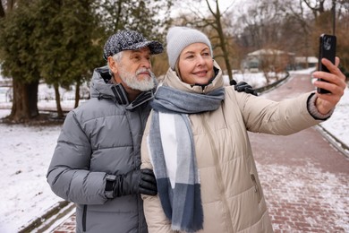 Happy senior couple taking selfie at winter park