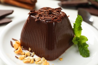 Photo of Tasty chocolate pudding with peanuts and mint on white table, closeup