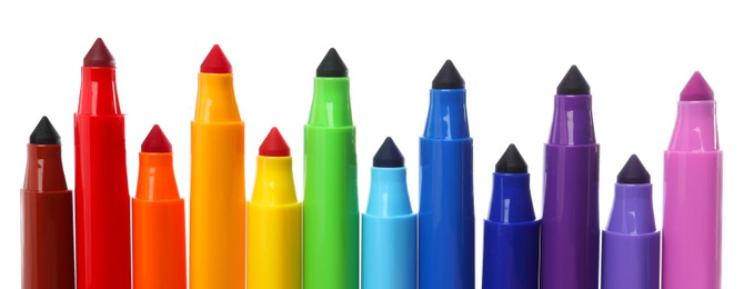 Photo of Many colorful markers isolated on white. Art supply