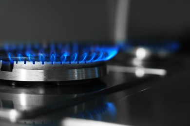 Photo of Gas burners with blue flame on stove, closeup