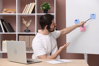 Photo of Online speaker in headset performing webinar near flip chart indoors