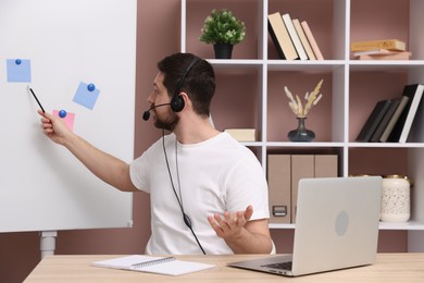 Photo of Online speaker in headset performing webinar near flip chart indoors