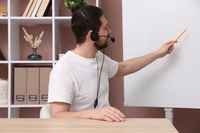 Photo of Online speaker in headset performing webinar near flip chart indoors, view from web camera