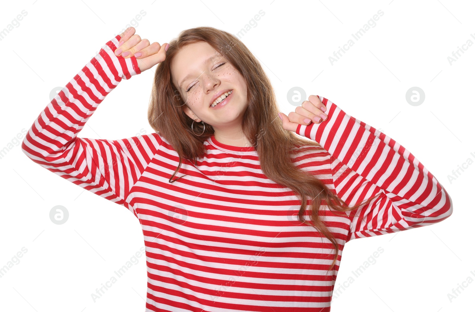 Photo of Beautiful teenage girl with freckles on white background