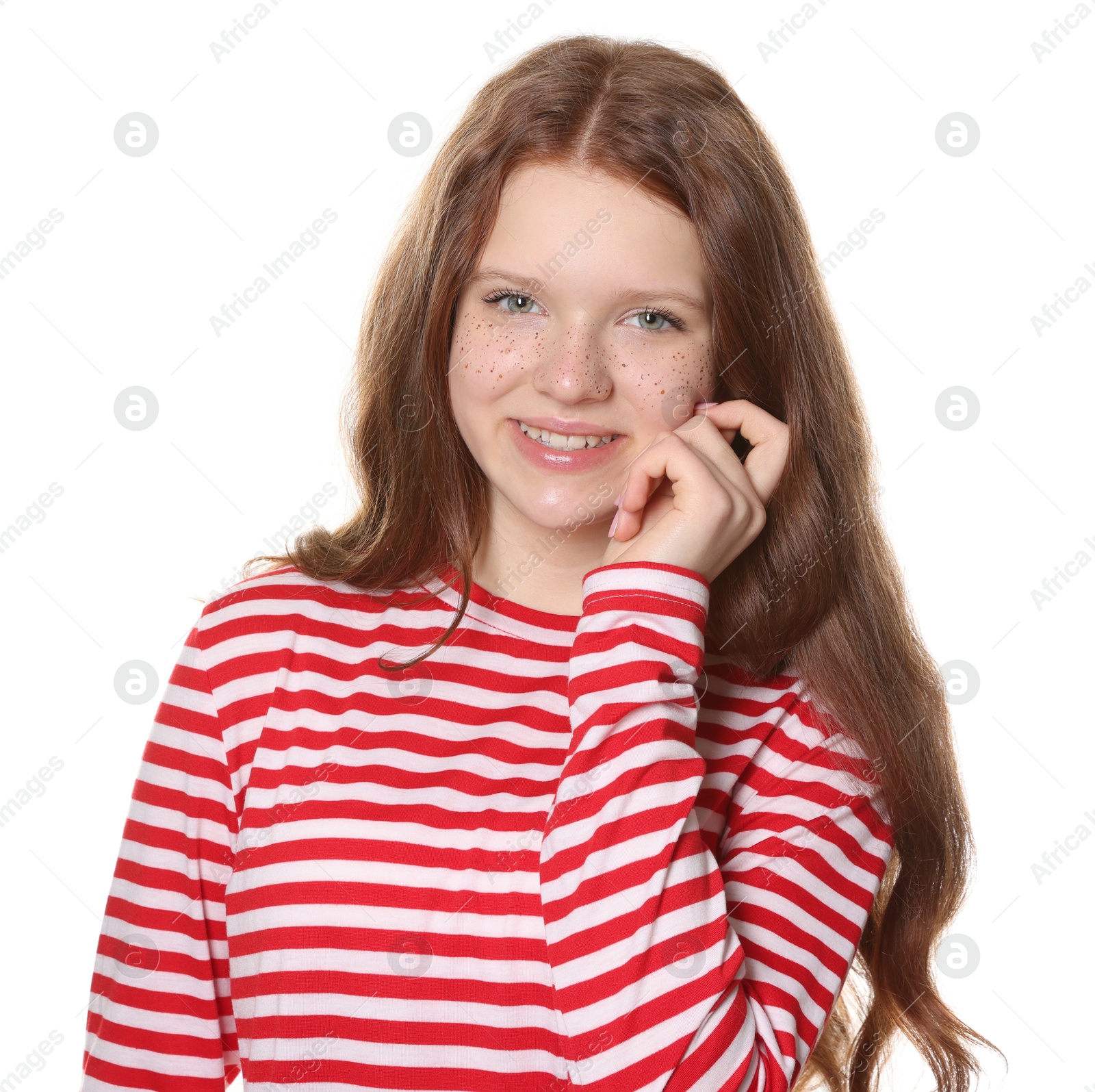 Photo of Beautiful teenage girl with freckles on white background