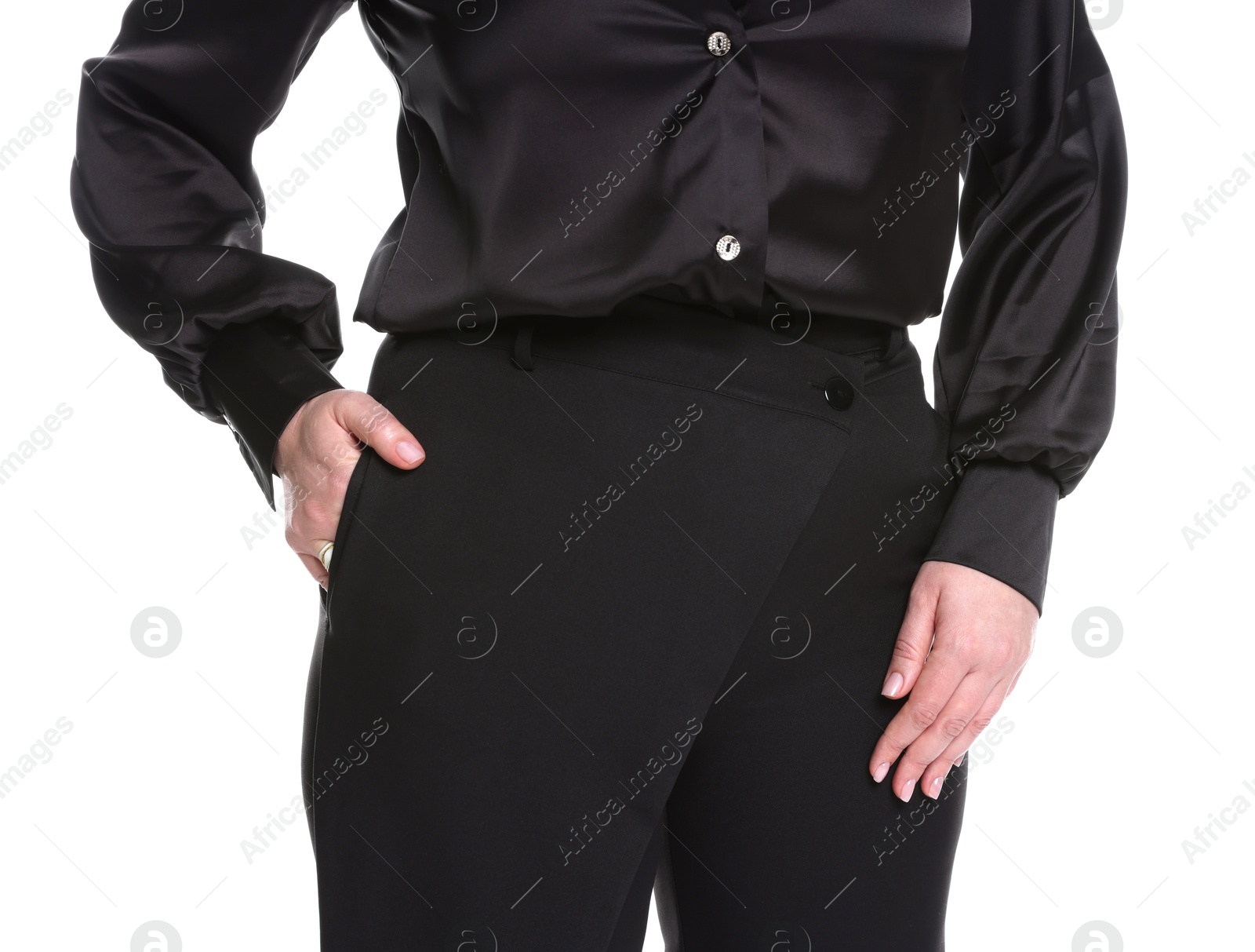 Photo of Plus size model on white background, closeup. Overweight