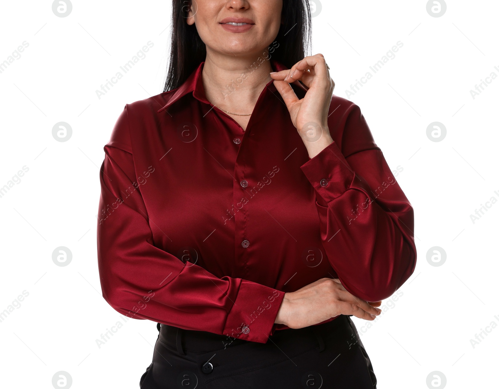 Photo of Plus size model on white background, closeup. Overweight