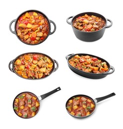 Image of Different cooked stews isolated on white, set. Top and side view