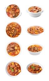 Image of Different cooked stews isolated on white, set. Top and side view