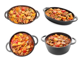 Image of Different cooked stews isolated on white, set. Top and side view