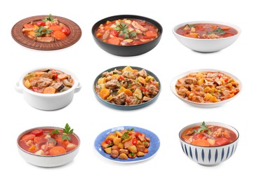 Image of Different cooked stews isolated on white, set