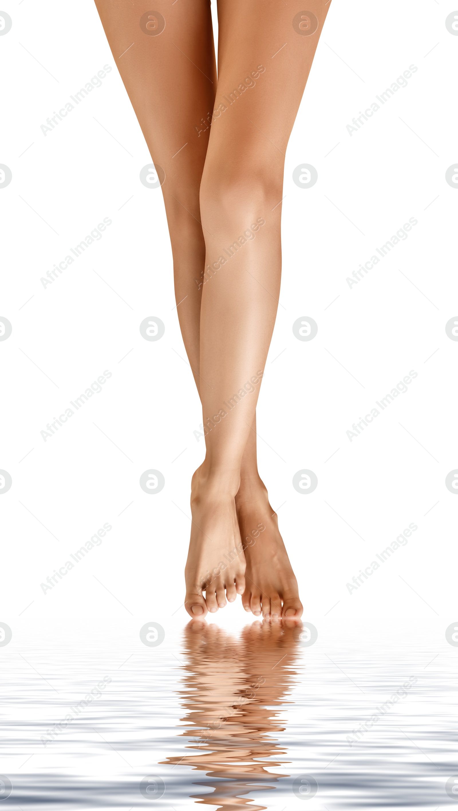 Image of Epilation. Woman showing her legs with smooth soft skin on white background, closeup