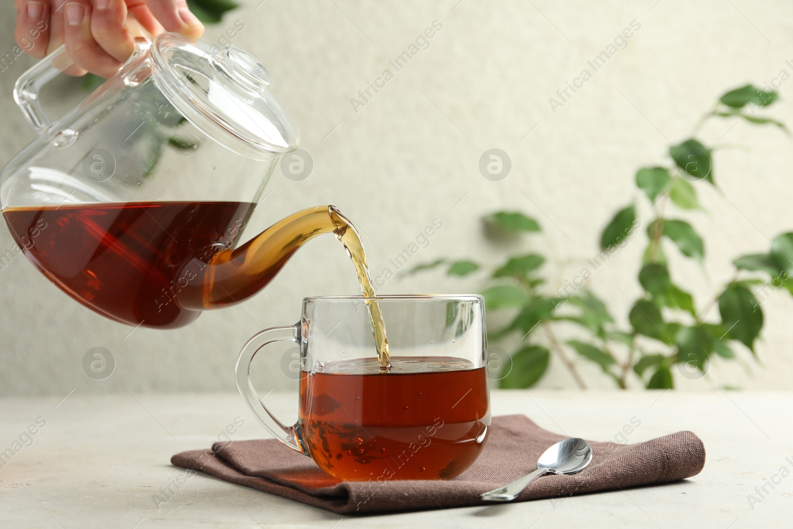 Woman pouring aromatic tea from teapot into cup at light textured table, closeup Photo of Woman pouring aromatic tea from teapot into cup at light textured table, closeup