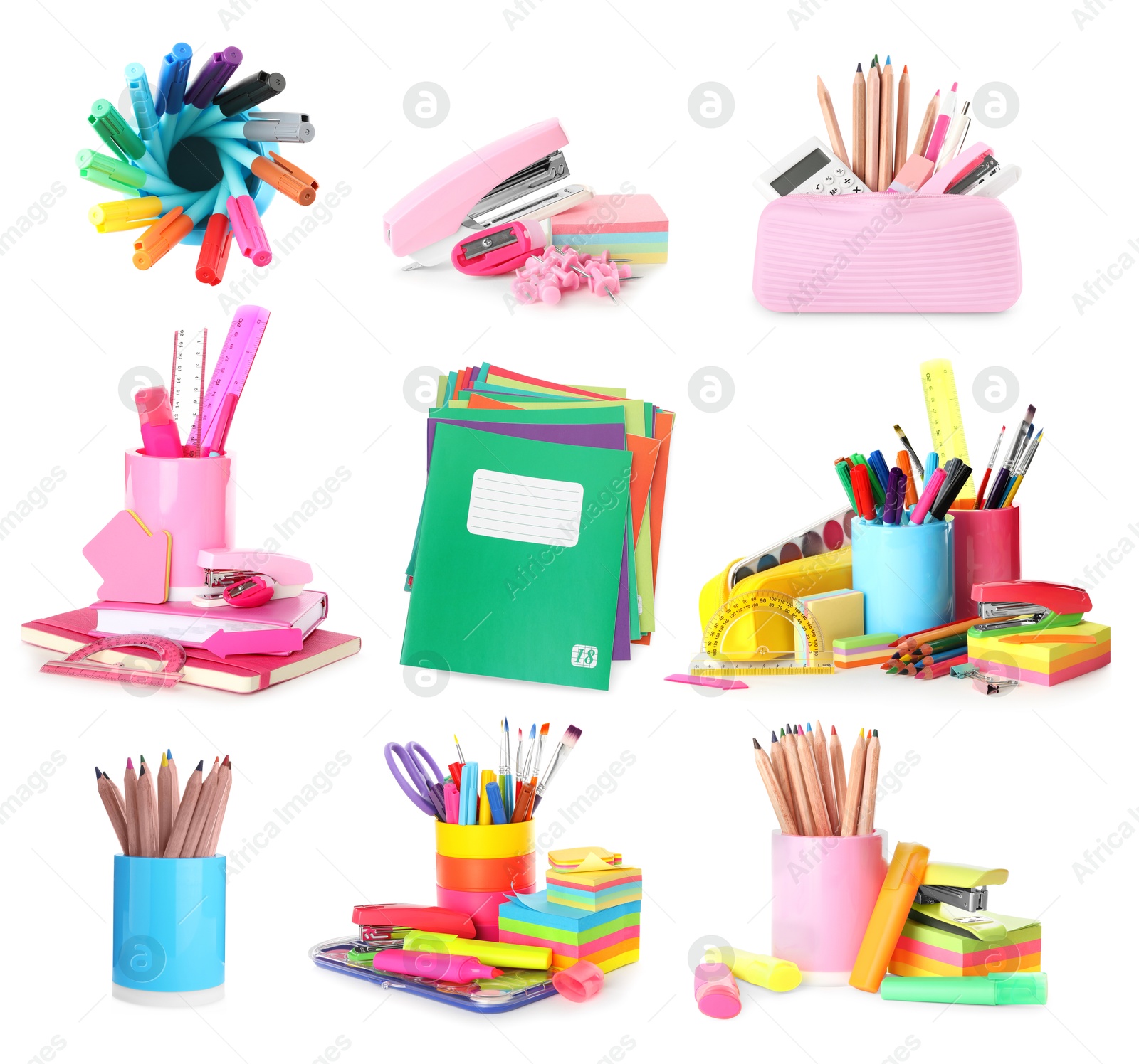 Set of bright school stationery on white background Image of Set of bright school stationery on white background