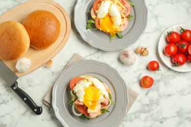 Photo of Flat lay composition with tasty brunch served on white marble table