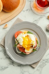 Photo of Flat lay composition with tasty brunch served on white marble table