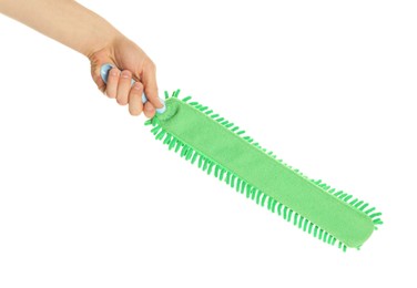 Man with microfiber mop on white background, closeup