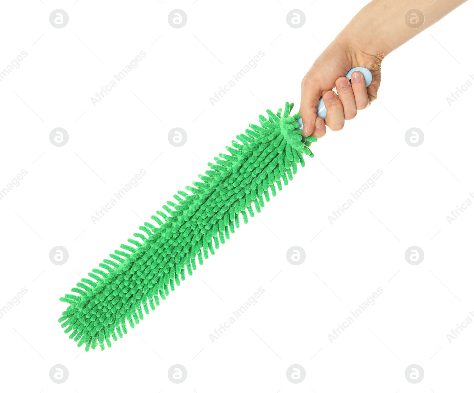 Photo of Man with microfiber mop on white background, closeup