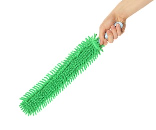 Photo of Man with microfiber mop on white background, closeup