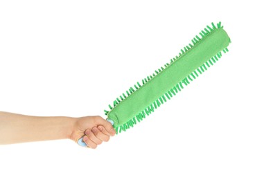 Man with microfiber mop on white background, closeup