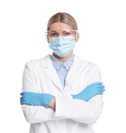 Photo of Portrait of professional dentist on white background