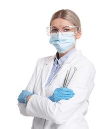 Photo of Professional dentist with tools on white background