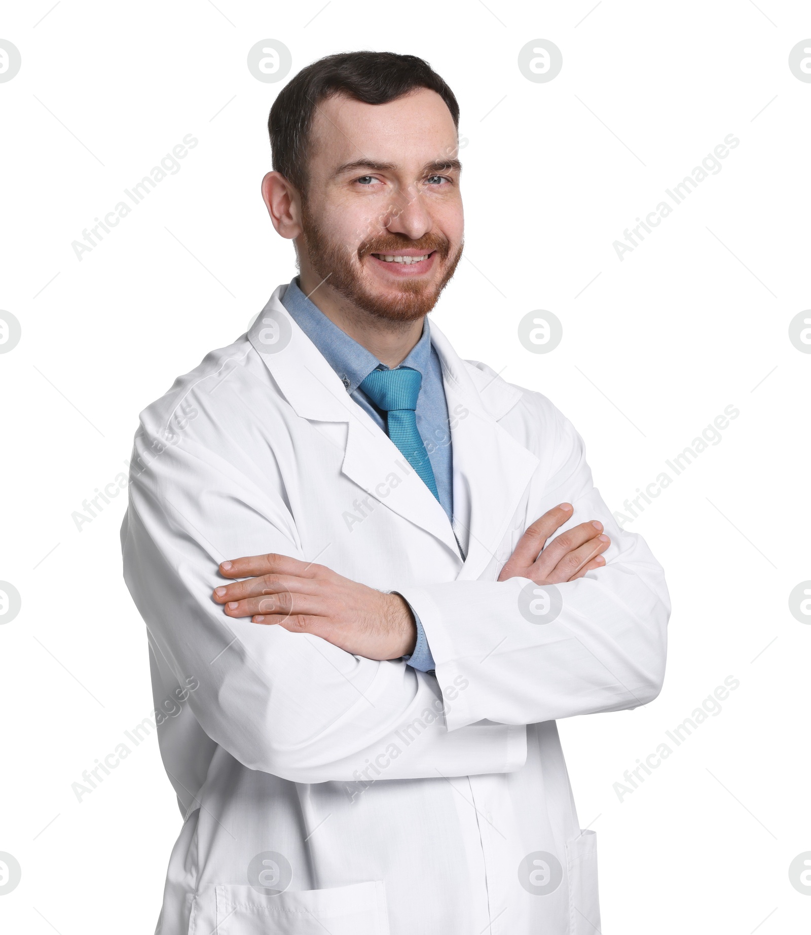 Photo of Portrait of professional dentist on white background