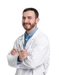 Professional dentist with tools on white background